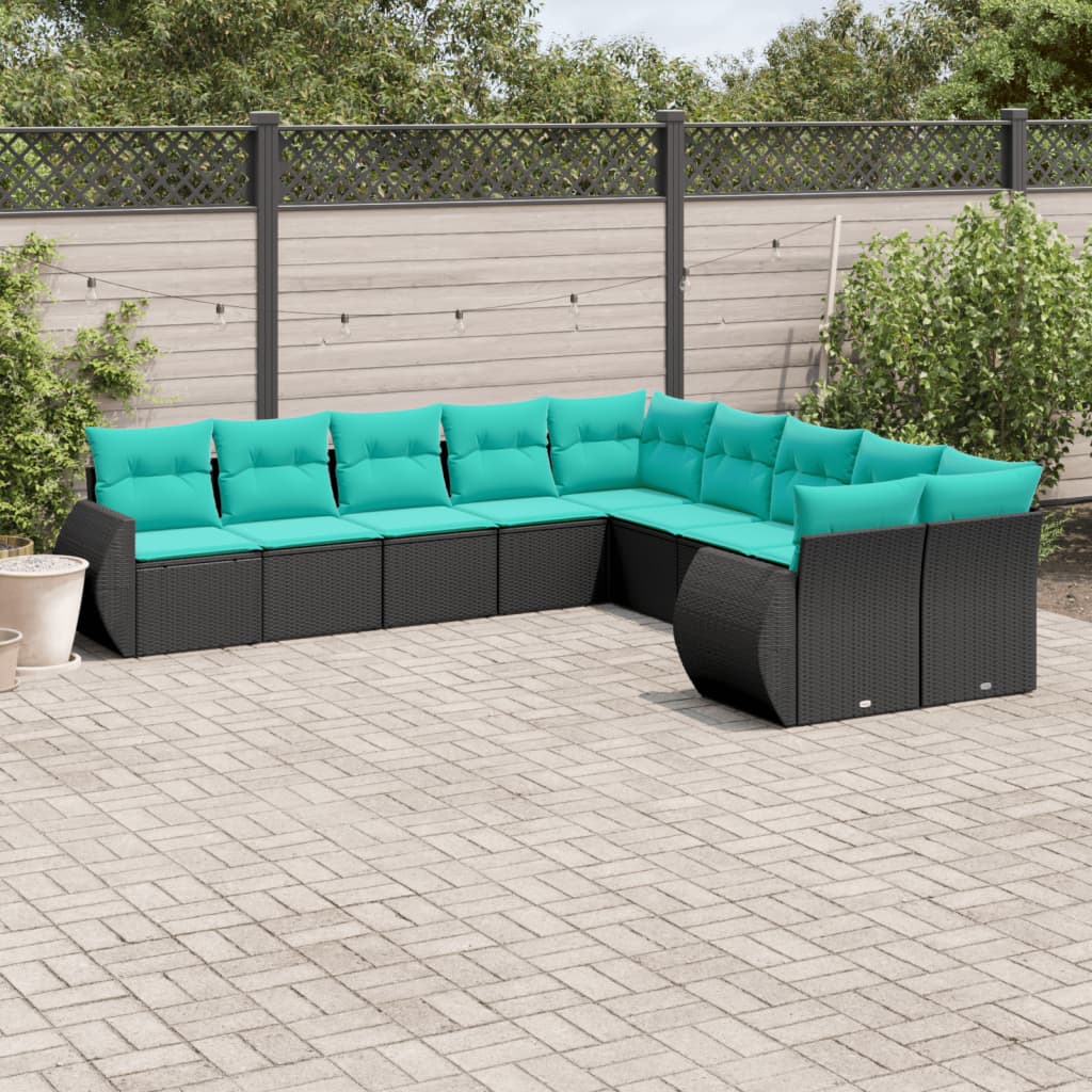 Set Divani da Giardino 10 pz con Cuscini Nero in Polyrattan | homemem39