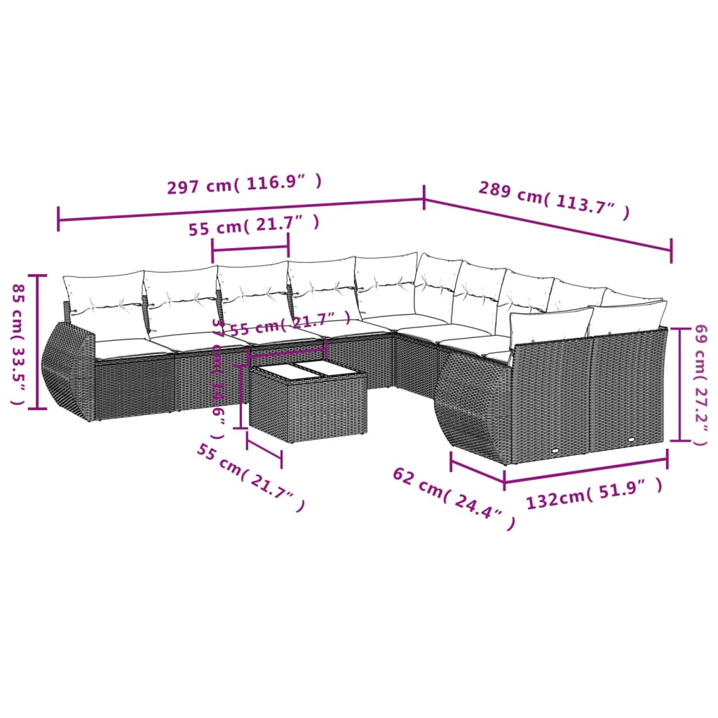 Set Divani da Giardino 11 pz con Cuscini Grigio in Polyrattan | homemem39