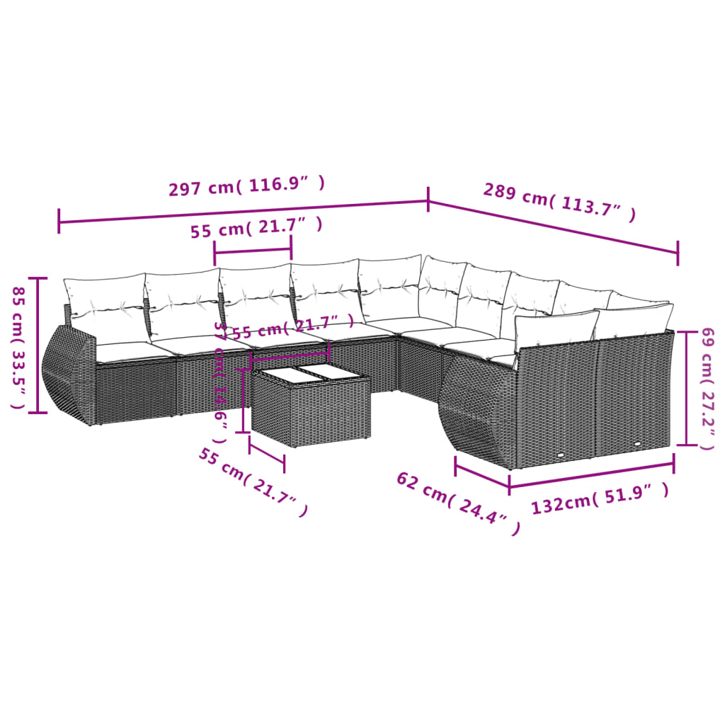 Set Divani da Giardino 11 pz con Cuscini Marrone in Polyrattan | homemem39