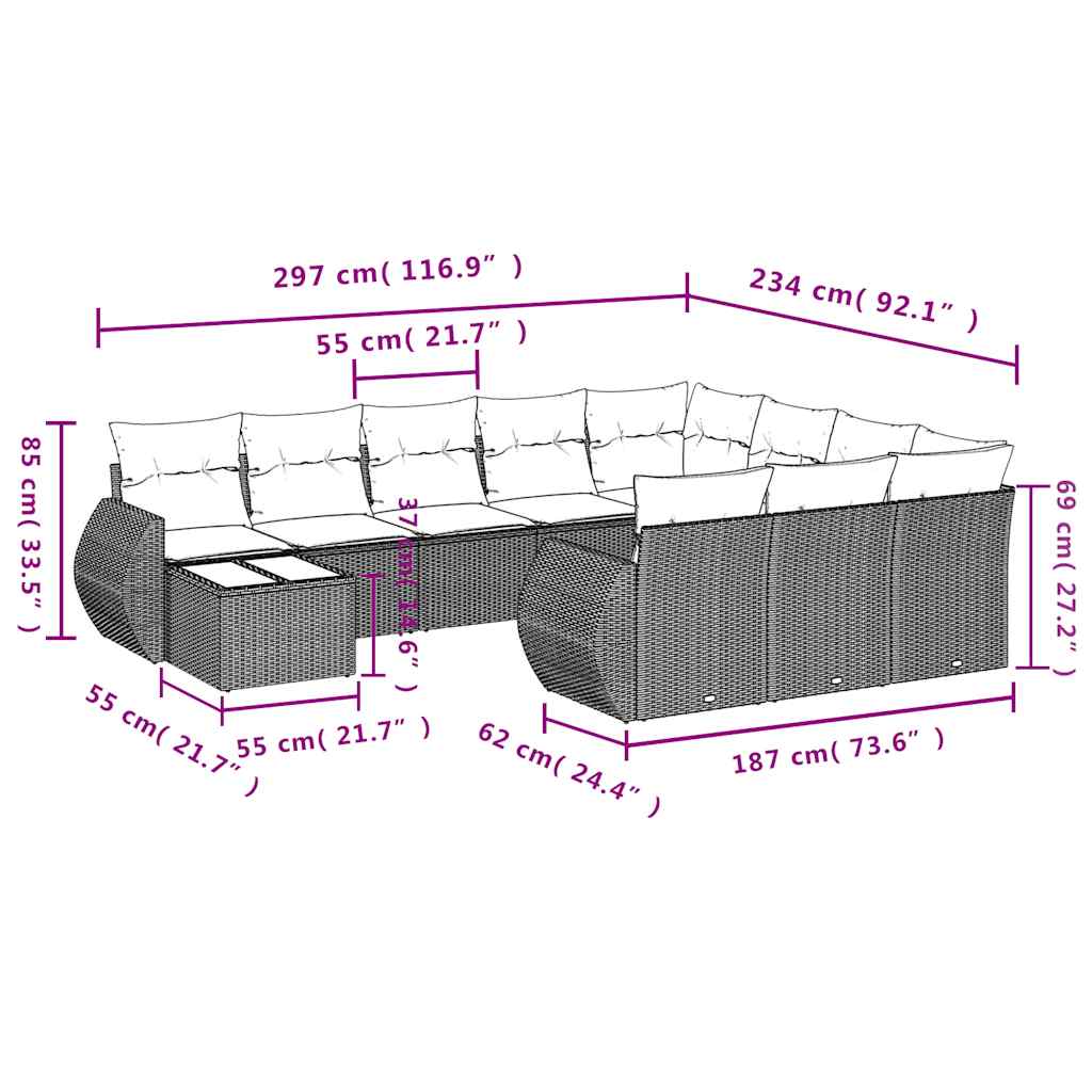 Set Divani da Giardino 11 pz con Cuscini Nero in Polyrattan | homemem39