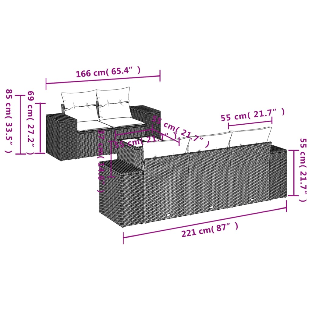 Set Divano da Giardino 6 pz con Cuscini Nero in Polyrattan