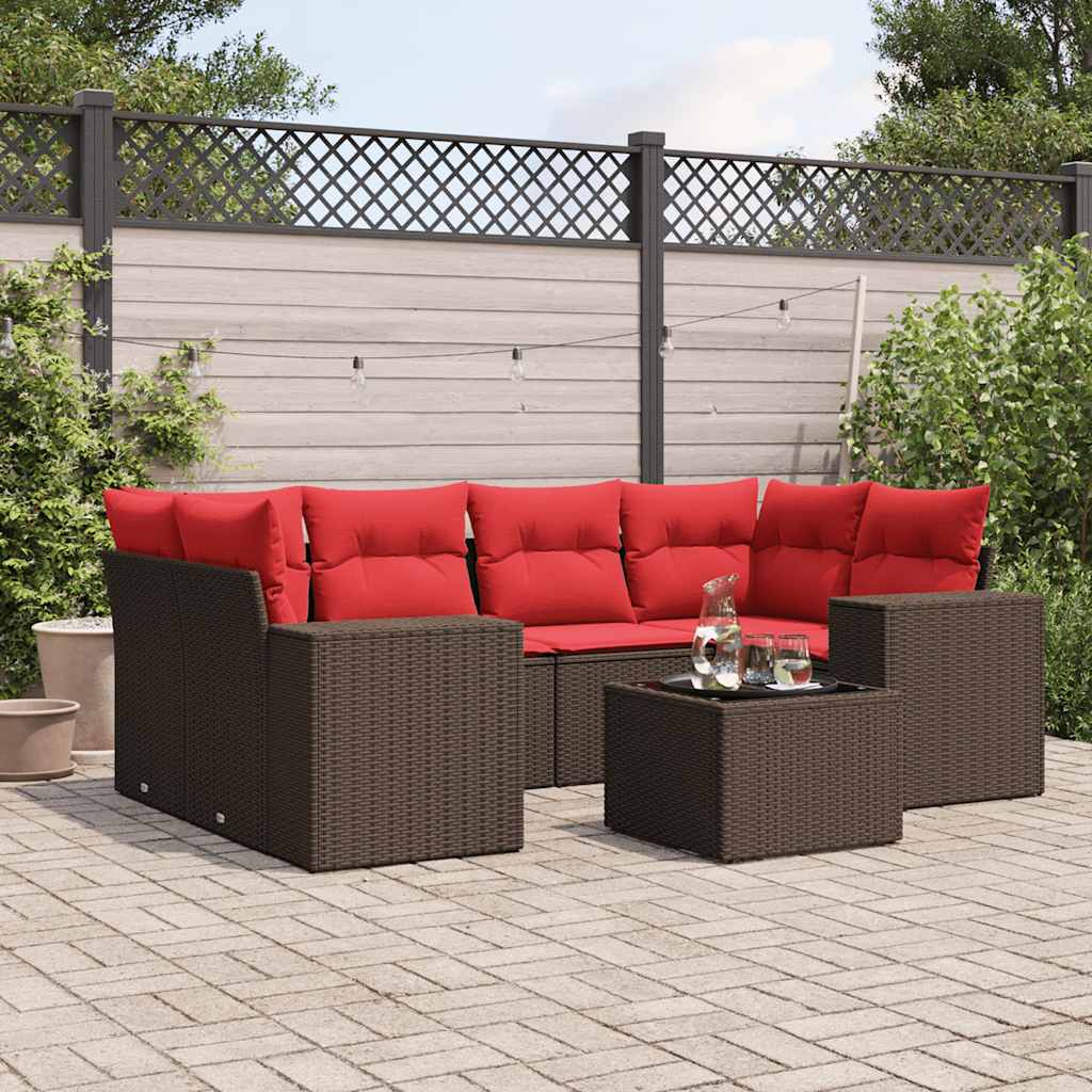 Set Divani da Giardino 7 pz con Cuscini Marrone in Polyrattan