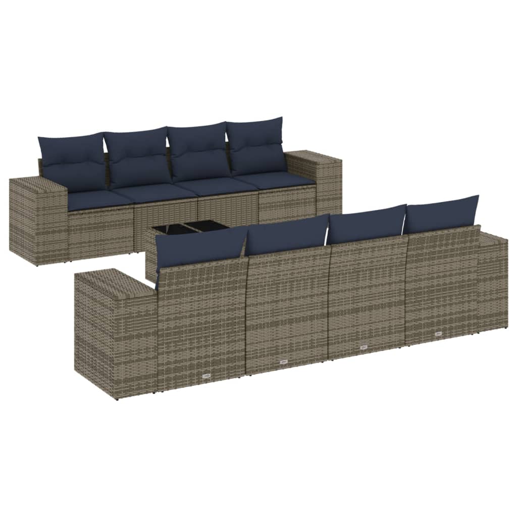 Set Divani da Giardino 9 pz con Cuscini Grigio in Polyrattan | homemem39
