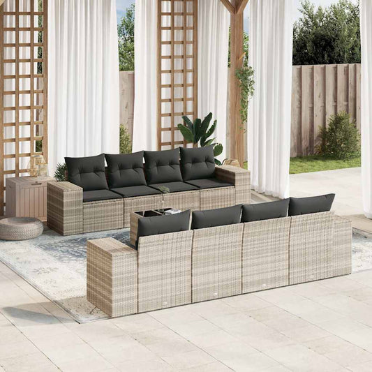 Set Divano da Giardino 9pz con Cuscini Grigio Chiaro Polyrattan | homemem39