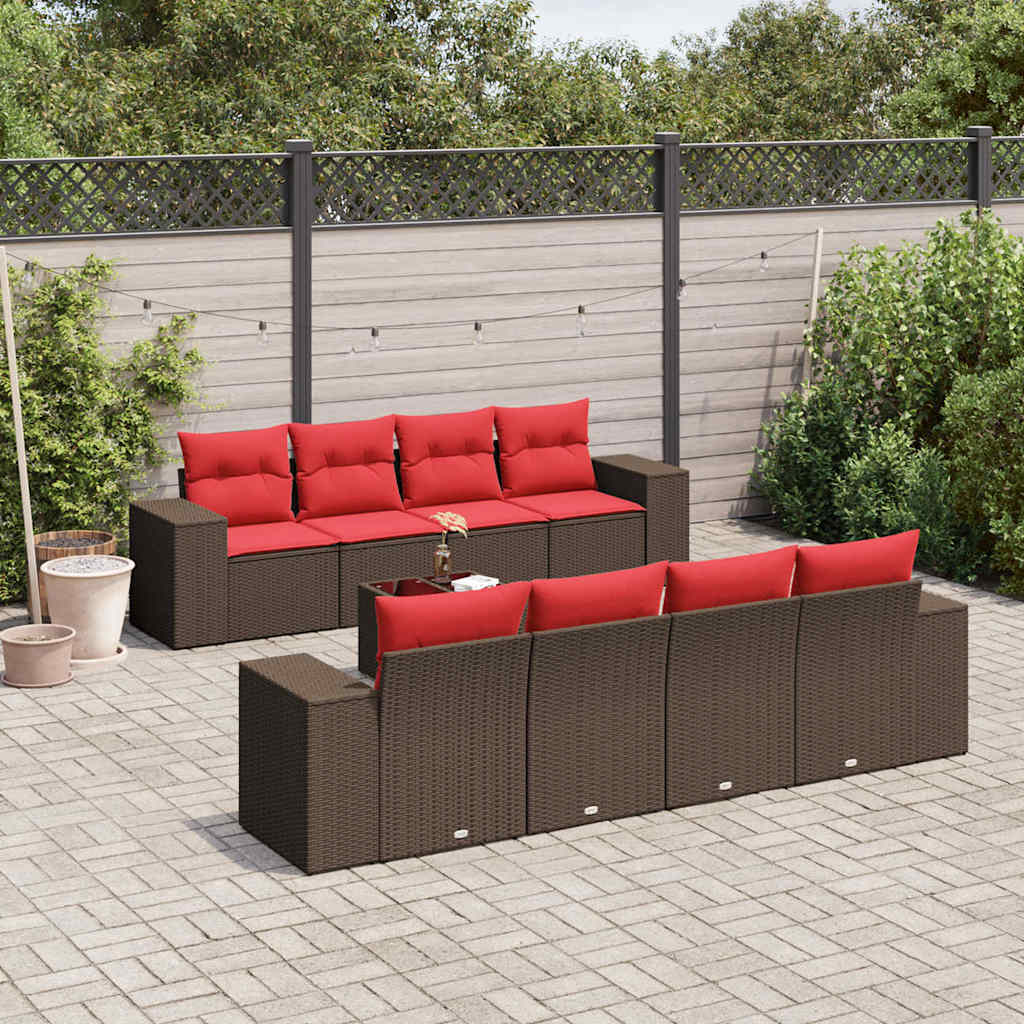 Set Divani da Giardino 9 pz con Cuscini Marrone in Polyrattan | homemem39