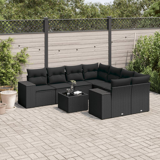 Set Divani da Giardino 9 pz con Cuscini Nero in Polyrattan | homemem39
