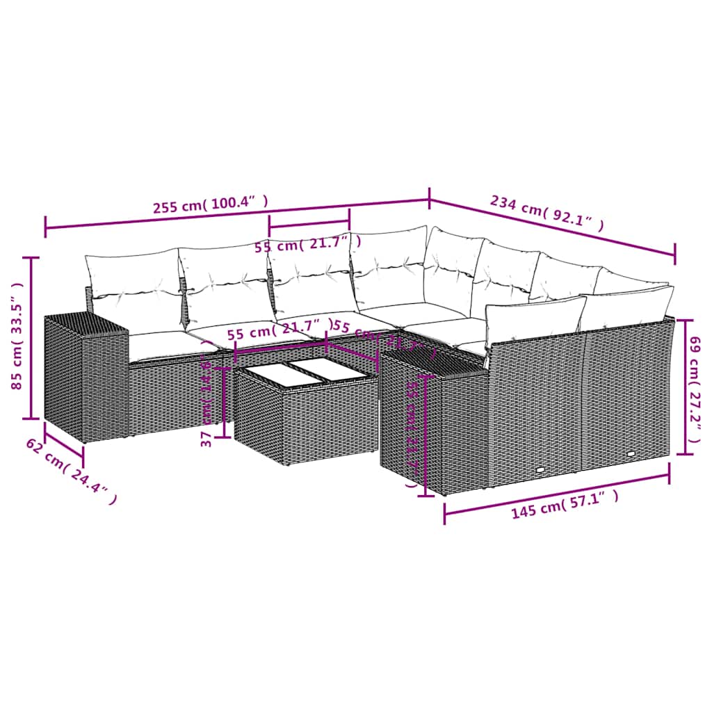 Set Divani da Giardino 9 pz con Cuscini Marrone in Polyrattan