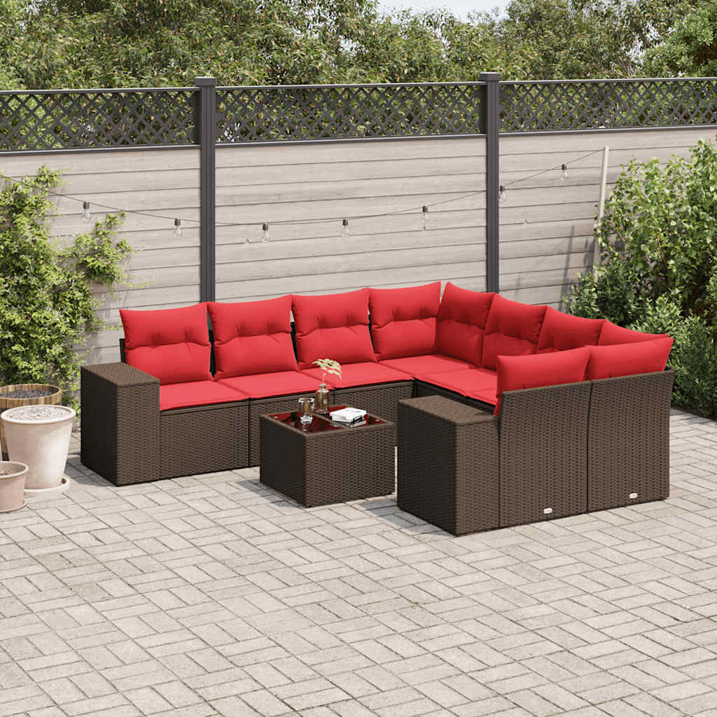 Set Divani da Giardino 9 pz con Cuscini Marrone in Polyrattan