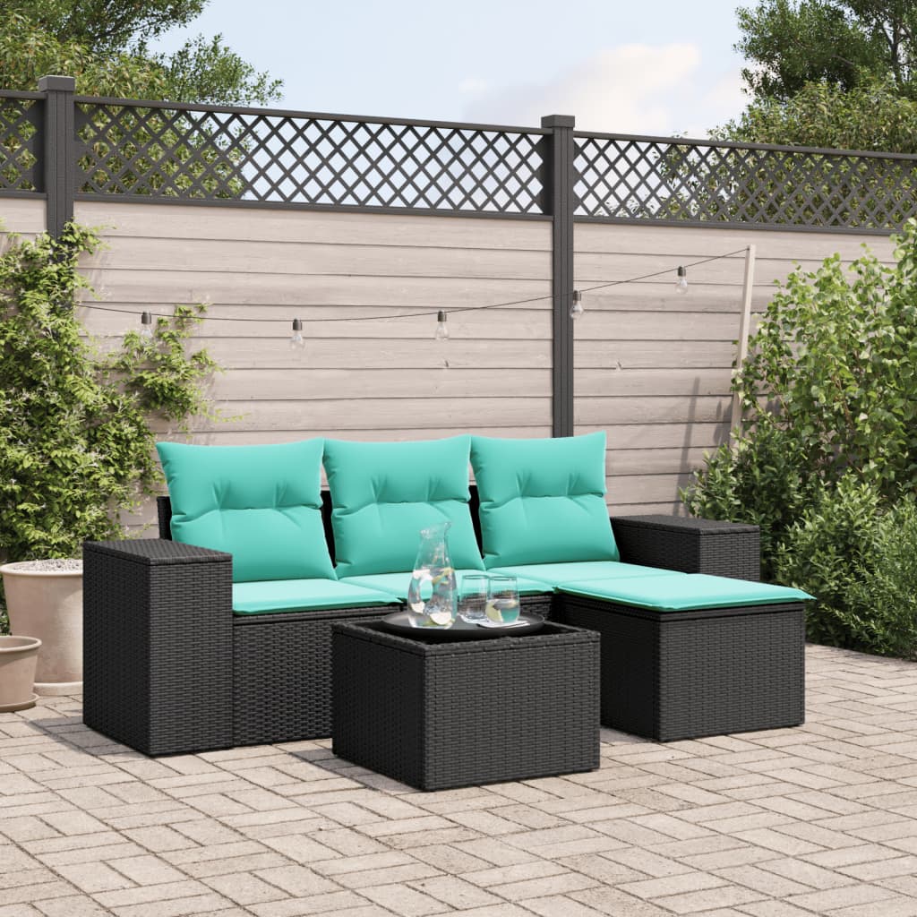 Set Divani da Giardino 5 pz con Cuscini Nero in Polyrattan