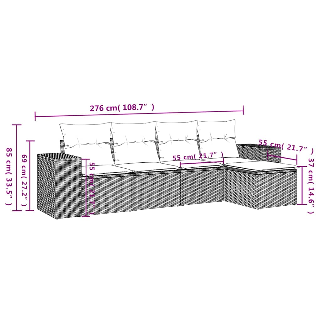 Set Divano da Giardino 5pz con Cuscini Grigio Chiaro Polyrattan