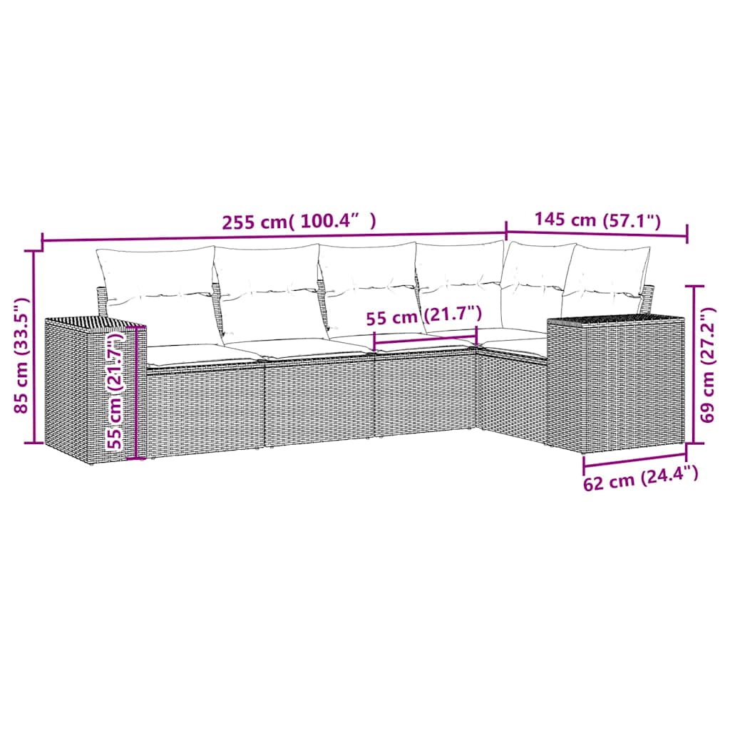 Set Divano da Giardino 5pz con Cuscini Grigio Chiaro Polyrattan