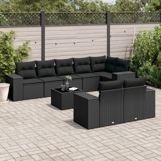 Set Divani da Giardino 9 pz con Cuscini Nero in Polyrattan - homemem39