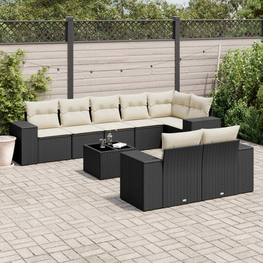 Set Divani da Giardino 9 pz con Cuscini Nero in Polyrattan - homemem39