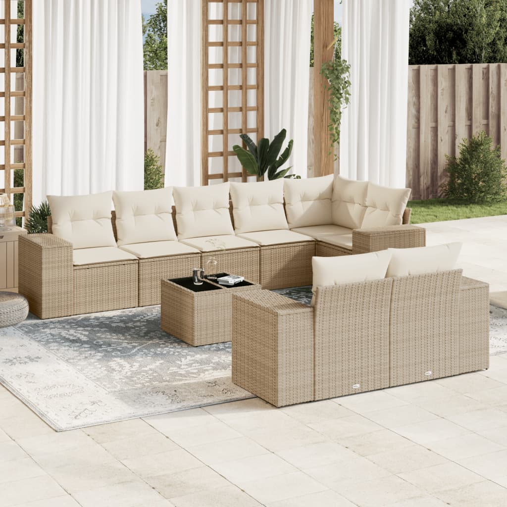 Set Divano da Giardino 9 pz con Cuscini Beige in Polyrattan - homemem39