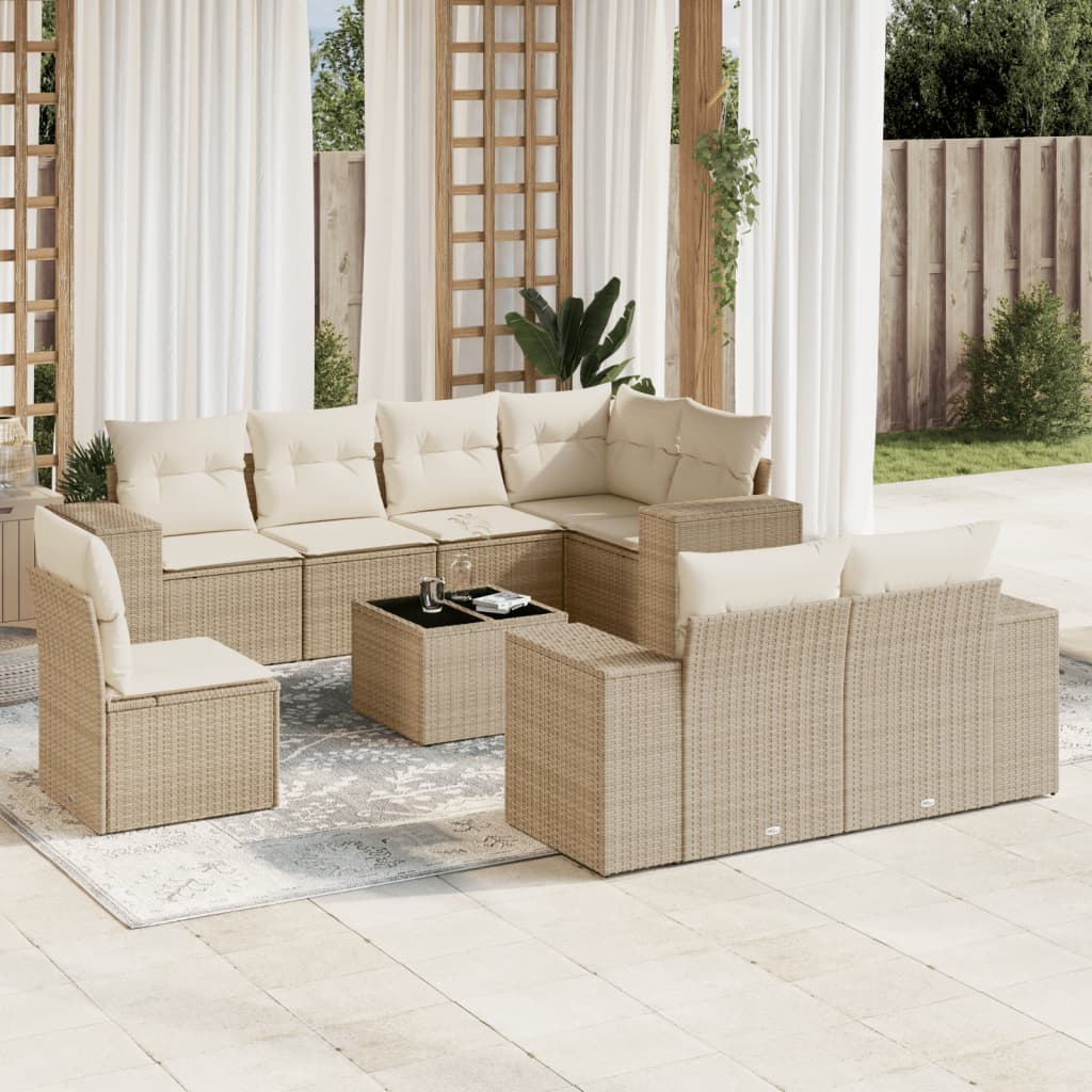 Set Divano da Giardino 9 pz con Cuscini Beige in Polyrattan - homemem39
