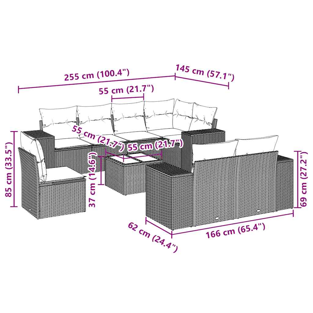 Set Divano da Giardino 9pz con Cuscini Grigio Chiaro Polyrattan - homemem39