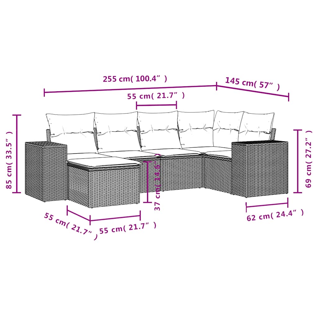 Set Divano da Giardino 6 pz con Cuscini Nero in Polyrattan | homemem39