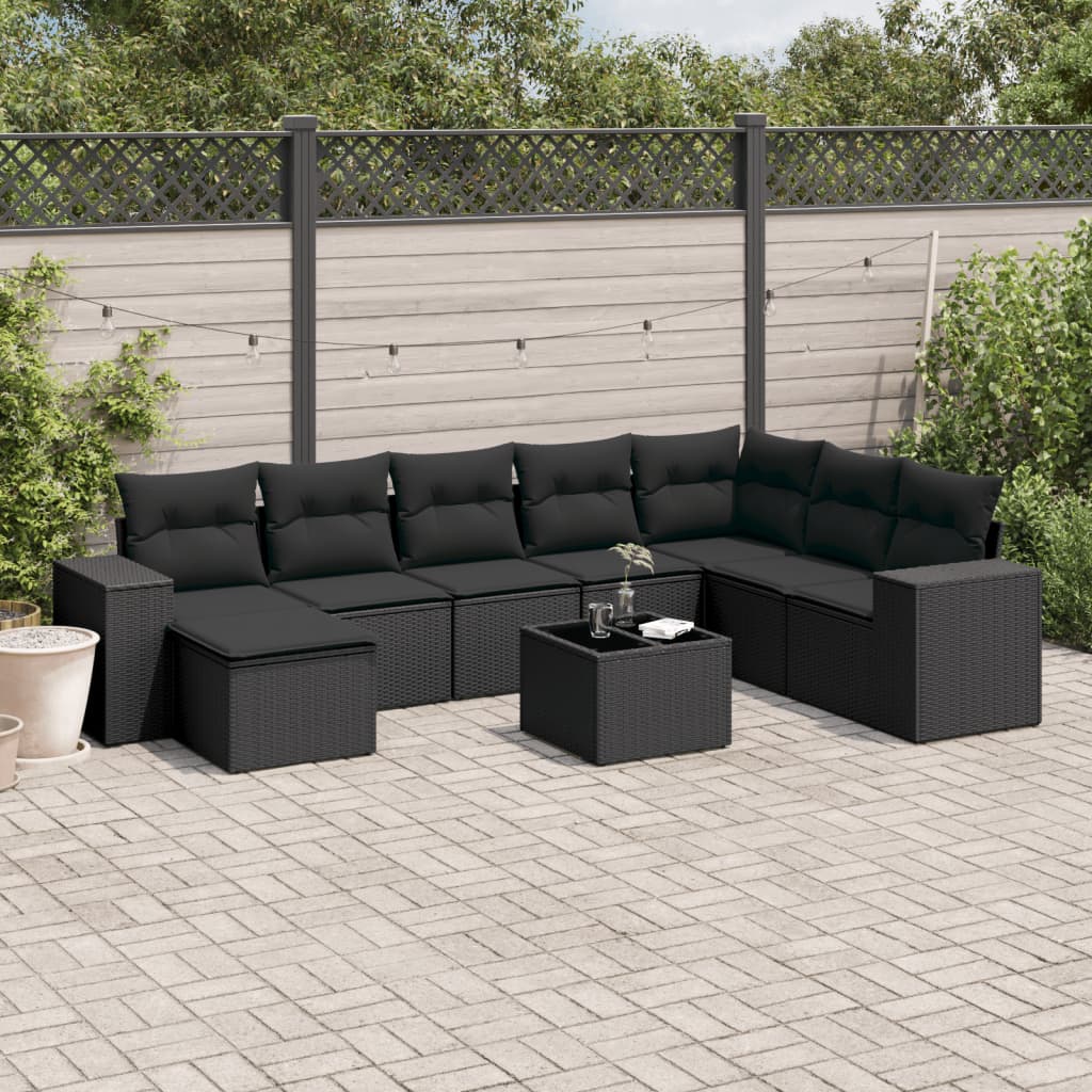 Set Divani da Giardino 9 pz con Cuscini Nero in Polyrattan - homemem39