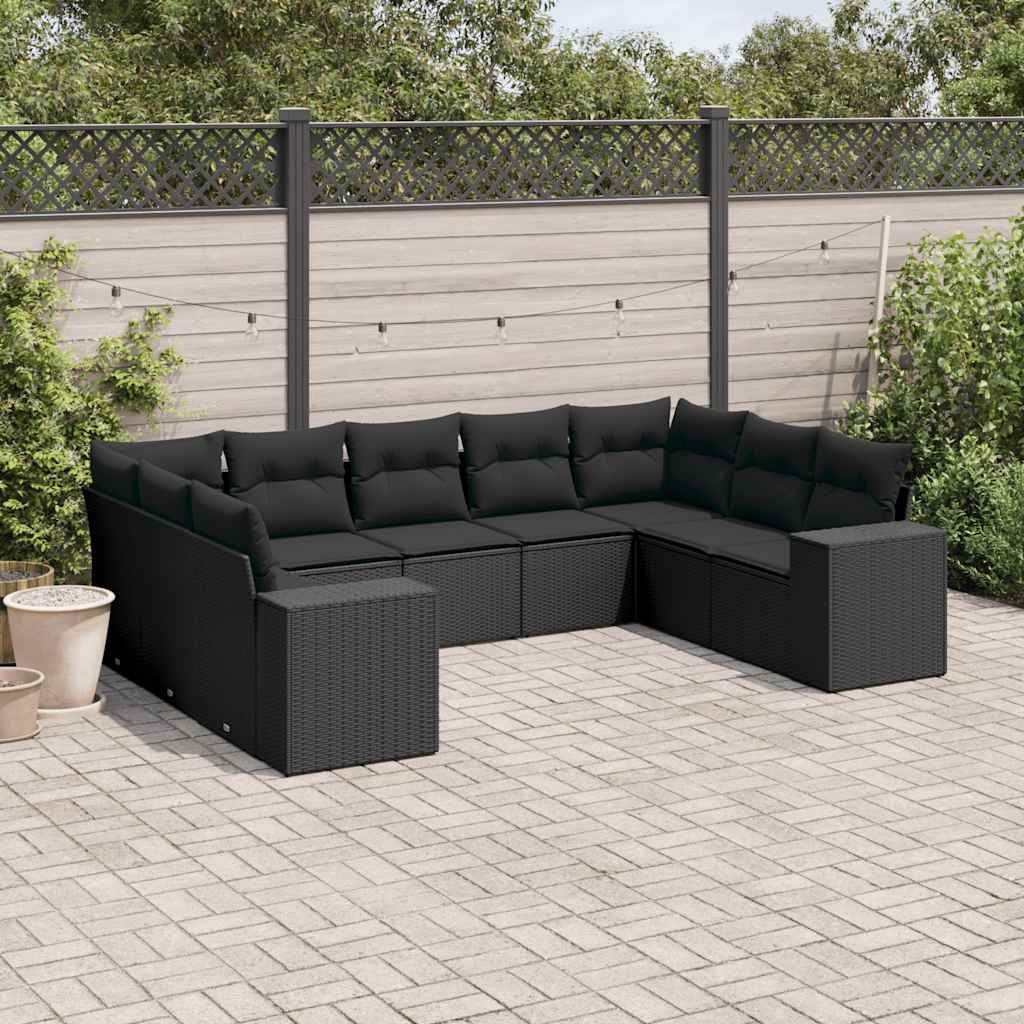Set Divani da Giardino 9 pz con Cuscini Nero in Polyrattan | homemem39