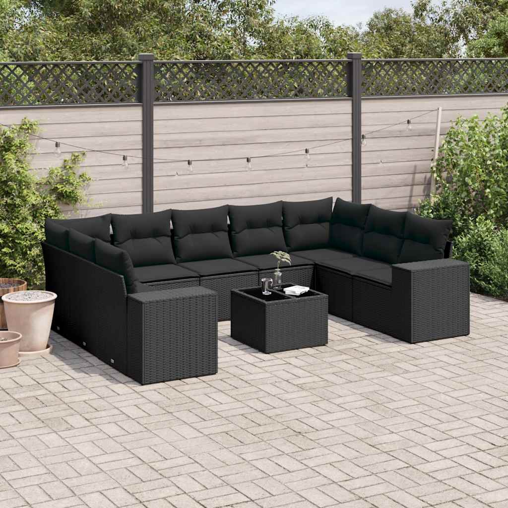 Set Divani da Giardino 10pz con Cuscini in Polyrattan Nero | homemem39