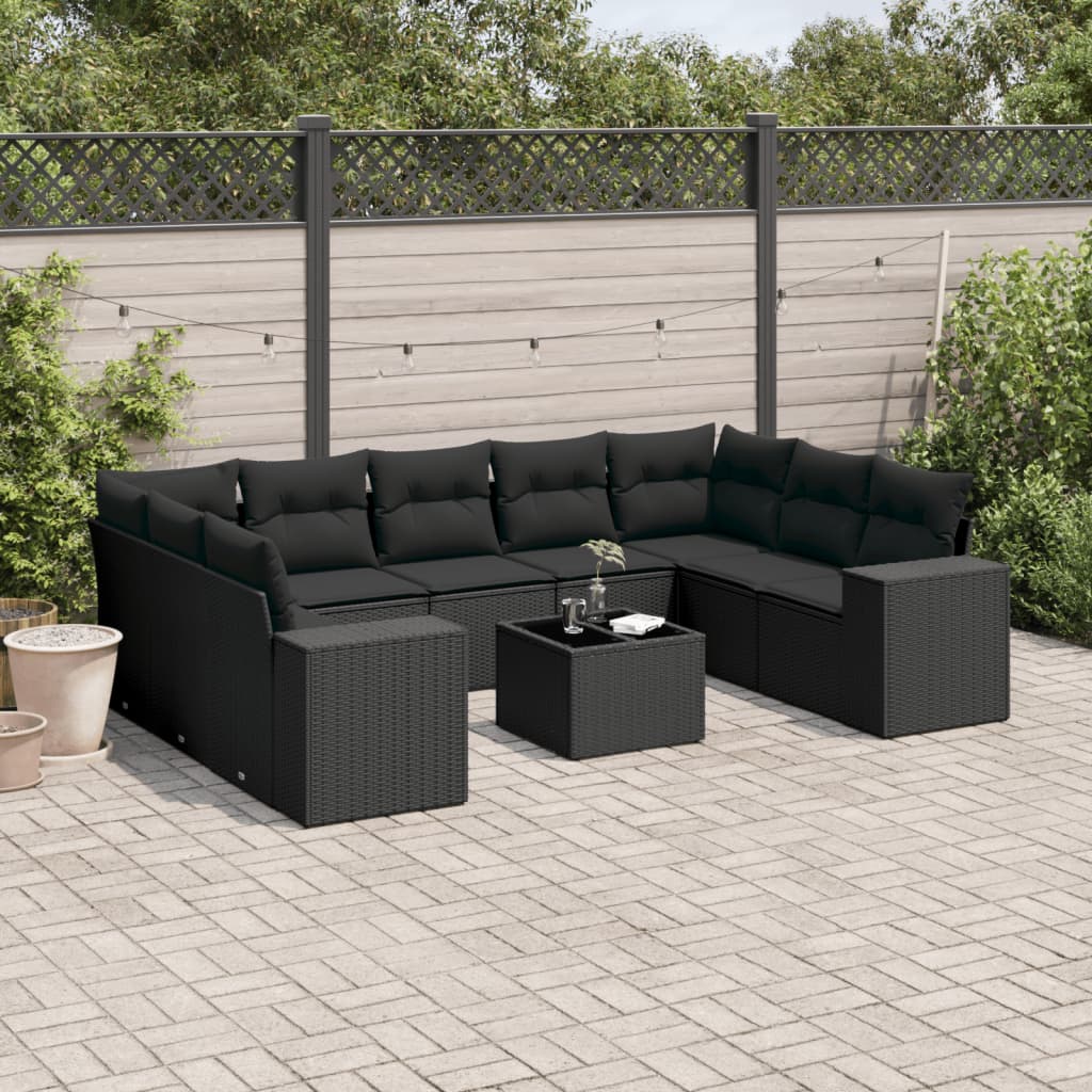 Set Divani da Giardino 10pz con Cuscini in Polyrattan Nero - homemem39
