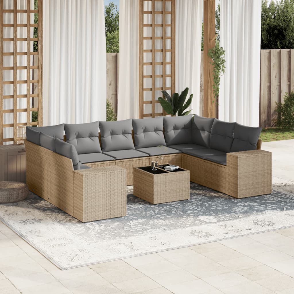 Set Divano da Giardino 10 pz con Cuscini Beige in Polyrattan - homemem39