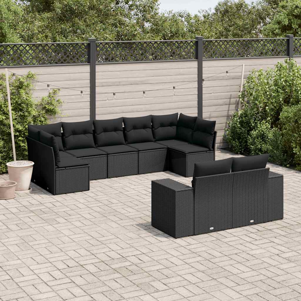Set Divani da Giardino 9 pz con Cuscini Nero in Polyrattan | homemem39