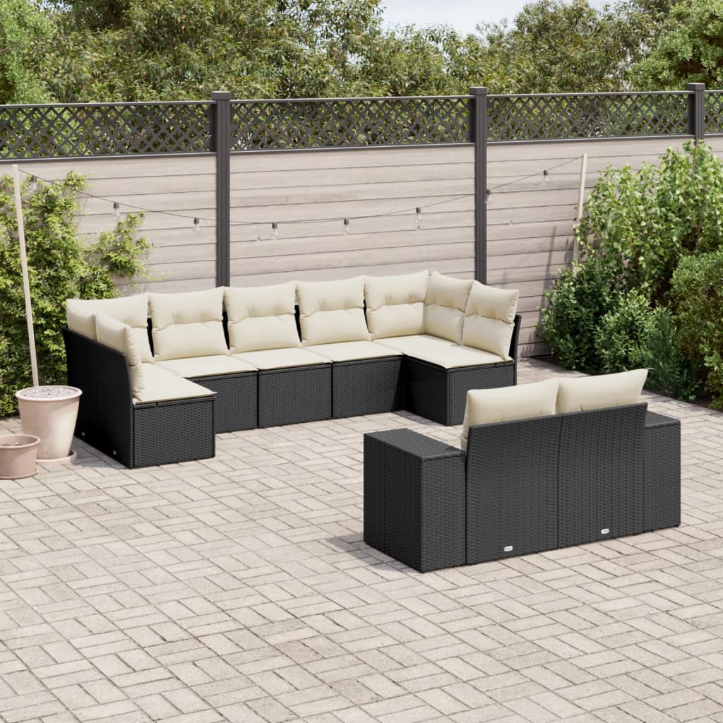 Set Divani da Giardino 9 pz con Cuscini Nero in Polyrattan - homemem39