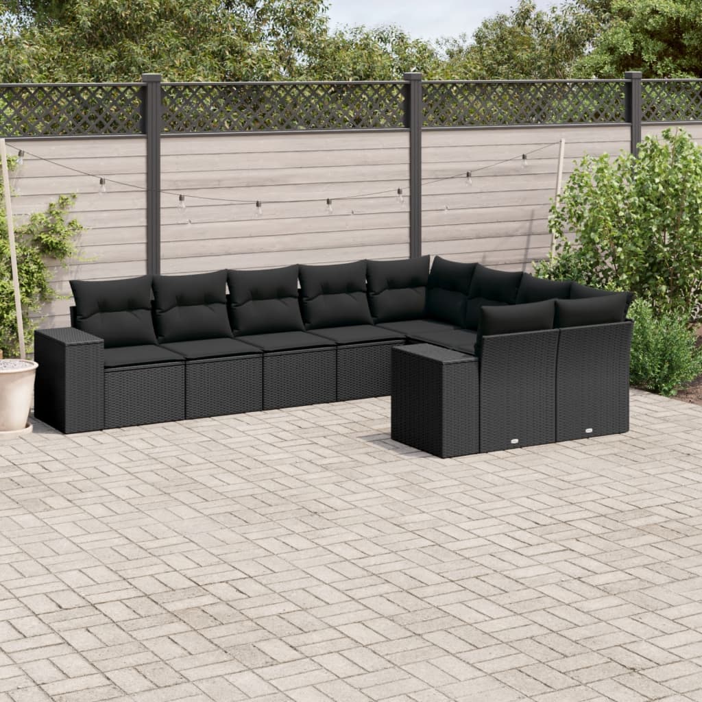 Set Divani da Giardino 9 pz con Cuscini Nero in Polyrattan - homemem39