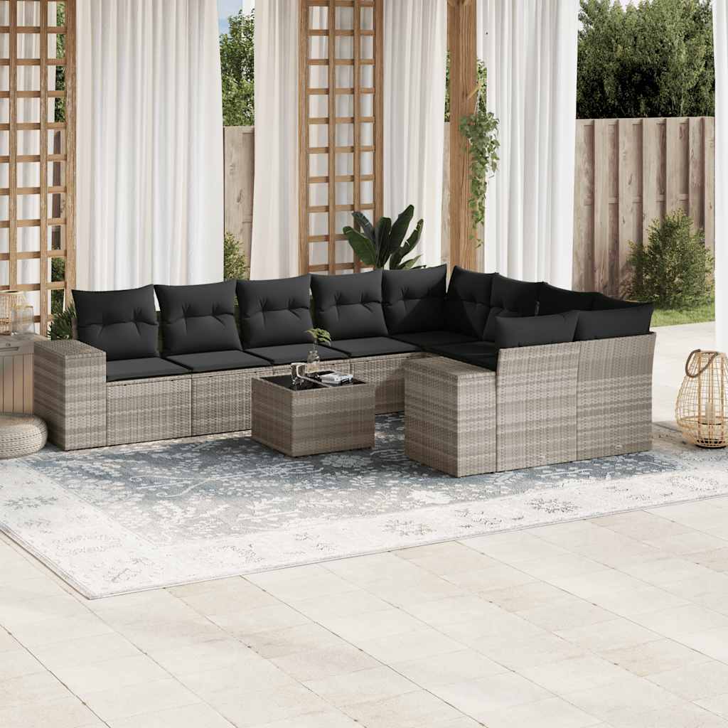 Set Divano Giardino 10 pz con Cuscini Grigio Chiaro Polyrattan - homemem39