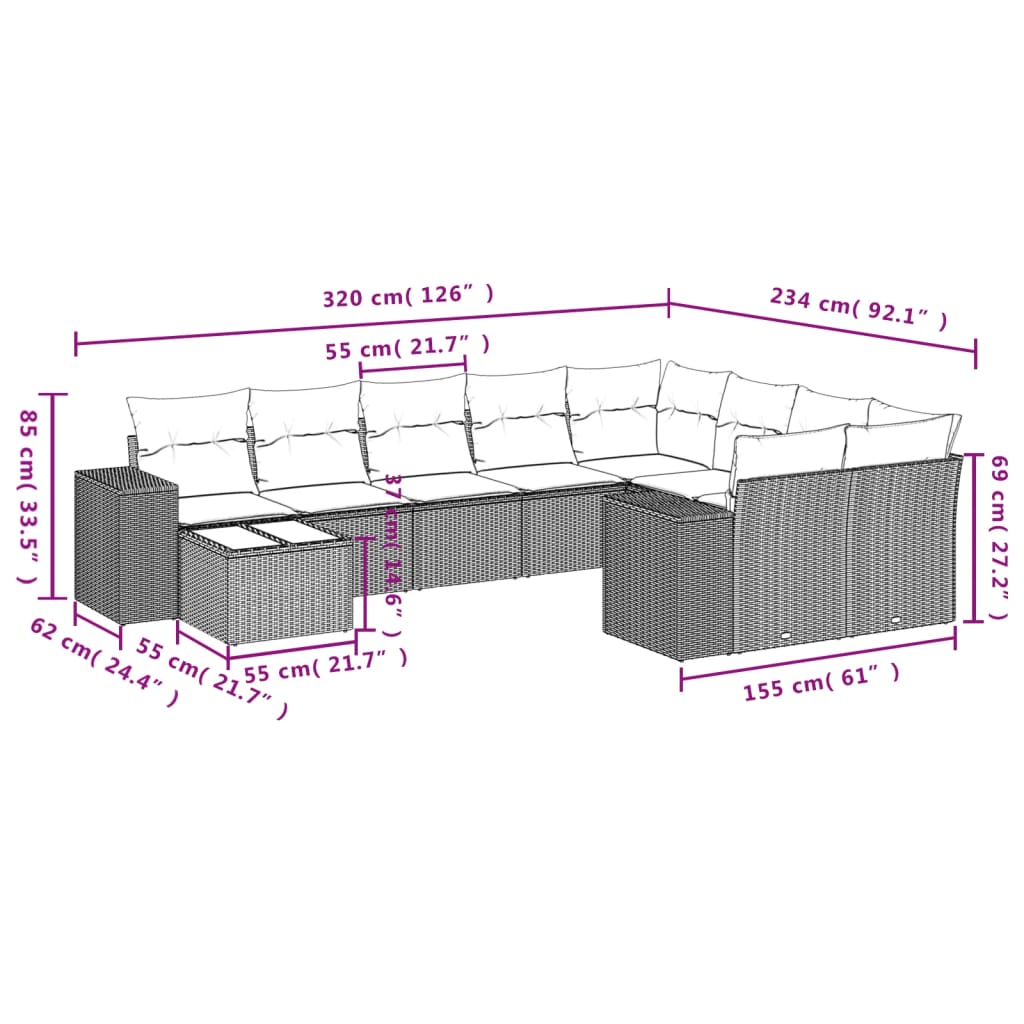 Set Divani da Giardino 10pz con Cuscini in Polyrattan Nero | homemem39