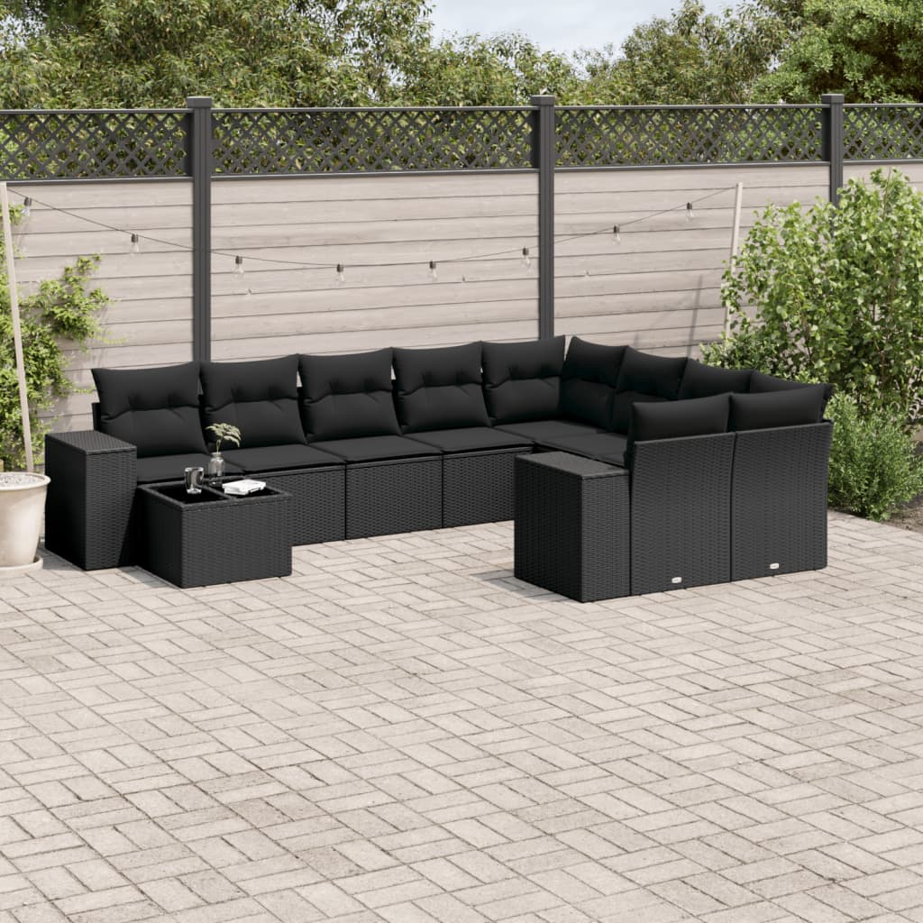 Set Divani da Giardino 10pz con Cuscini in Polyrattan Nero | homemem39