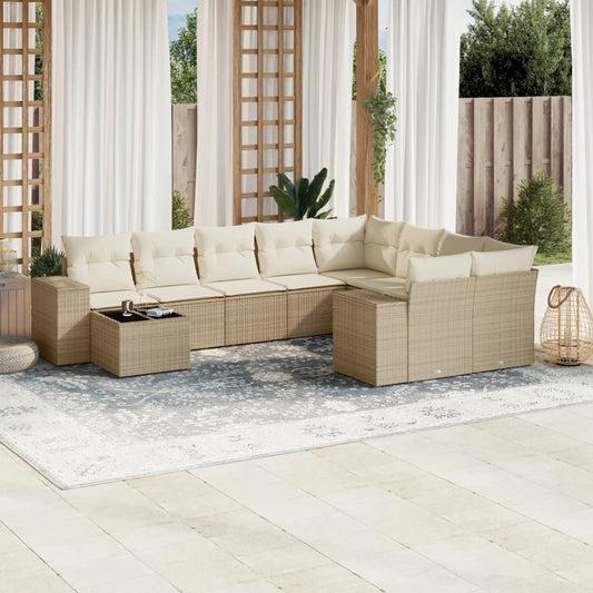 Set Divano da Giardino 10 pz con Cuscini Beige in Polyrattan - homemem39