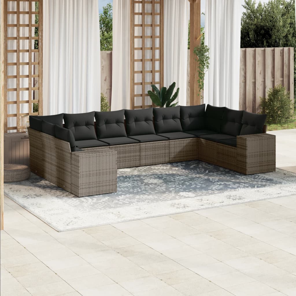 Set Divano da Giardino 10 pz con Cuscini Grigio in Polyrattan - homemem39