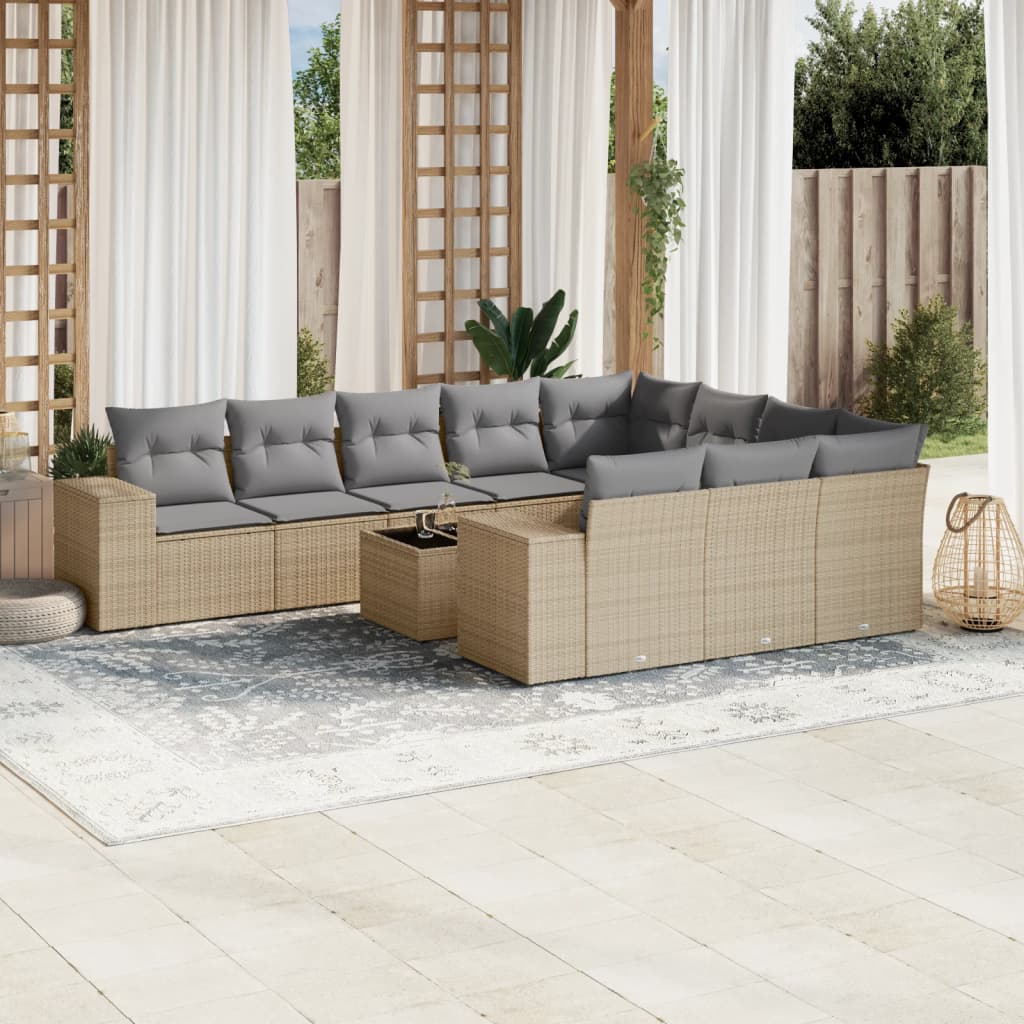 Set Divani da Giardino 11 pz con Cuscini Beige in Polyrattan - homemem39