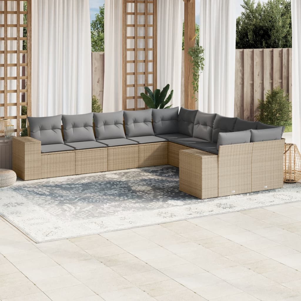 Set Divano da Giardino 10 pz con Cuscini Beige in Polyrattan - homemem39