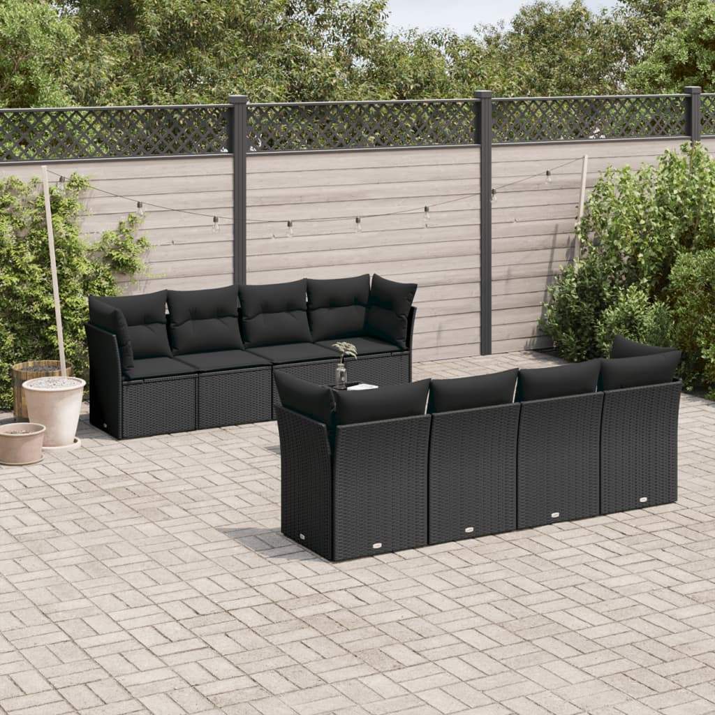 Set Divani da Giardino 9 pz con Cuscini Nero in Polyrattan - homemem39