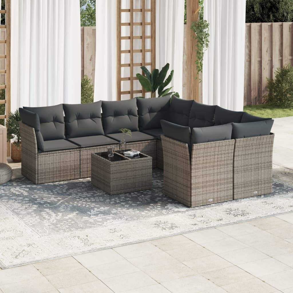 Set Divano da Giardino 9 pz con Cuscini Grigio in Polyrattan - homemem39