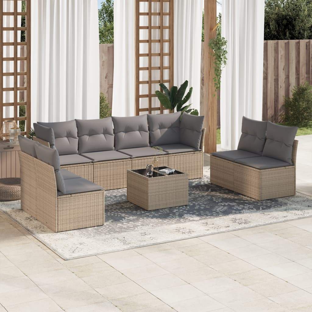 Set Divano da Giardino 9 pz con Cuscini Beige in Polyrattan - homemem39
