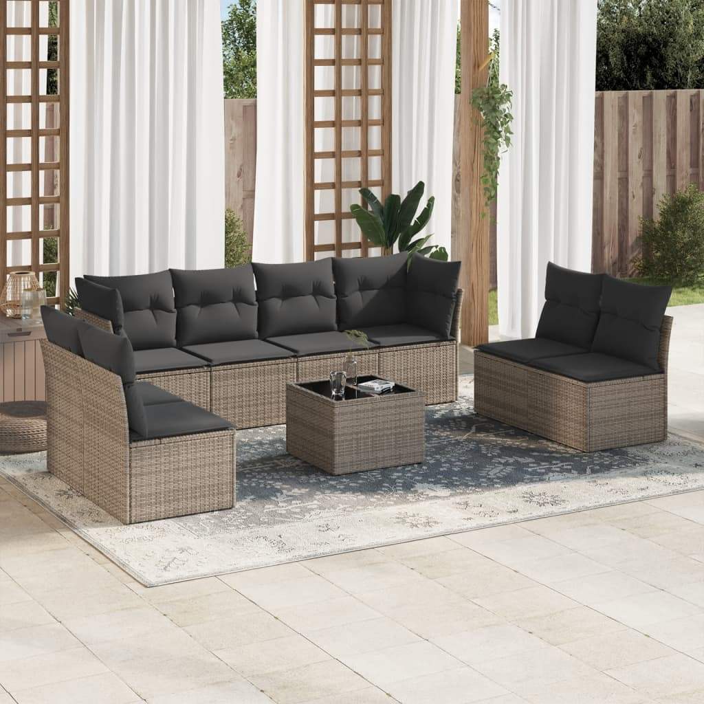 Set Divano da Giardino 9 pz con Cuscini Grigio in Polyrattan - homemem39
