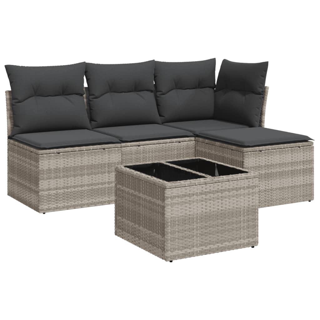 Set Divano da Giardino 5pz con Cuscini Grigio Chiaro Polyrattan