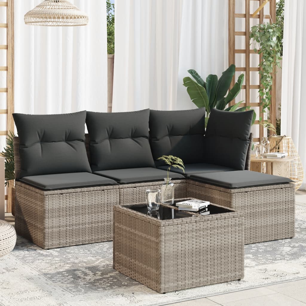 Set Divano da Giardino 5pz con Cuscini Grigio Chiaro Polyrattan