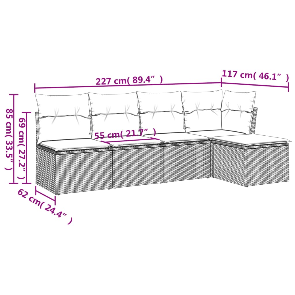 Set Divano da Giardino 5 pz con Cuscini Beige in Polyrattan