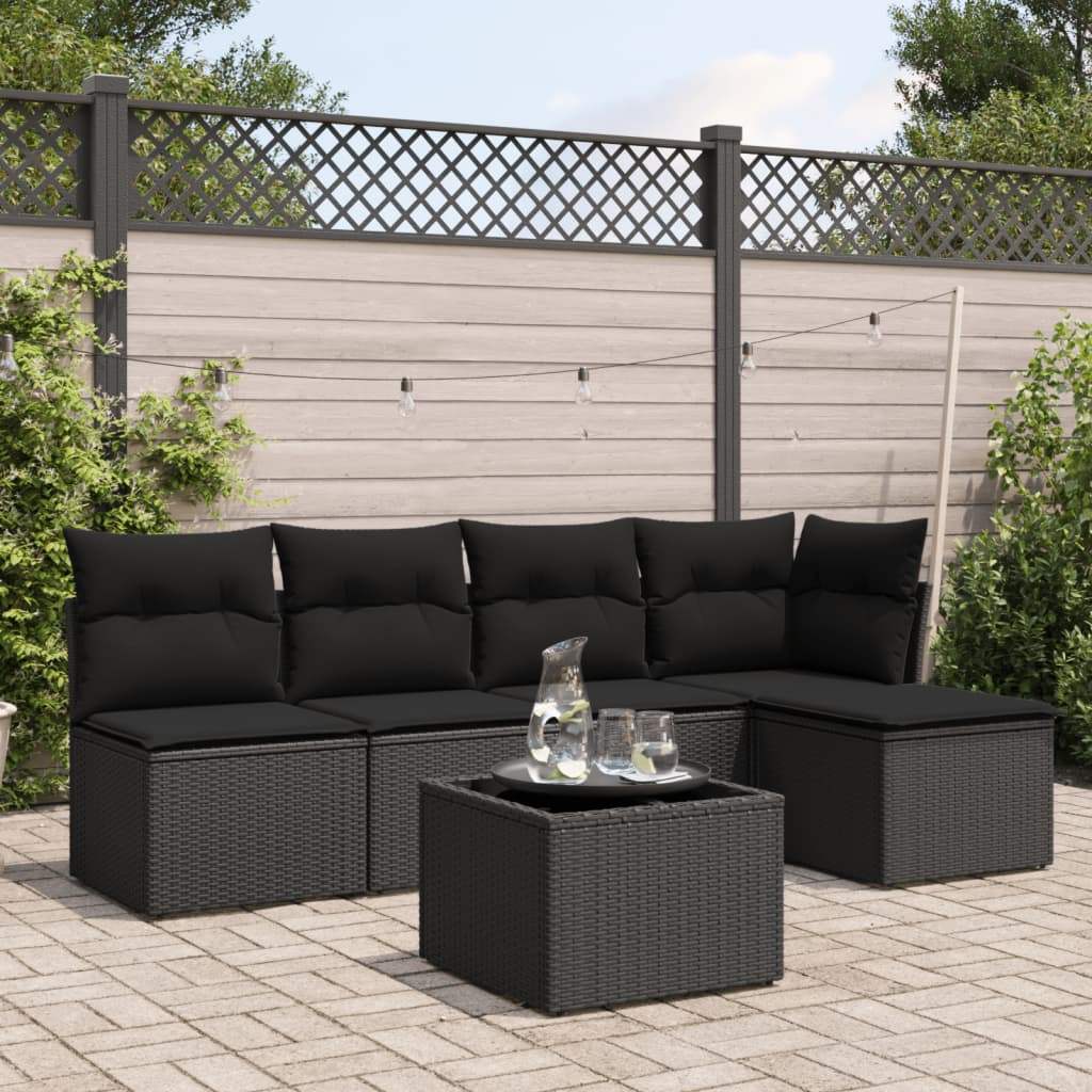 Set Divano da Giardino 6 pz con Cuscini Nero in Polyrattan - homemem39