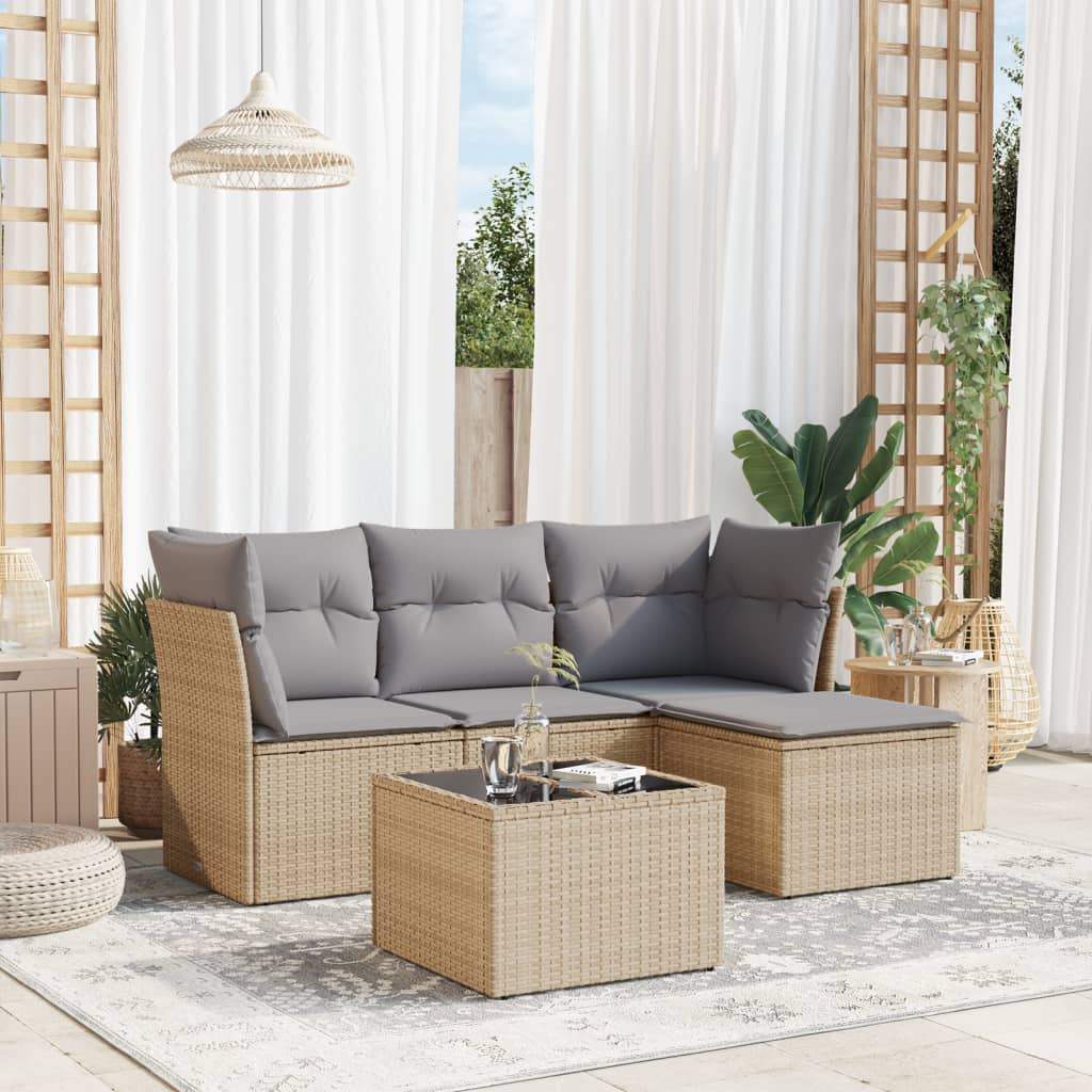 Set Divano da Giardino 5 pz con Cuscini Beige in Polyrattan - homemem39