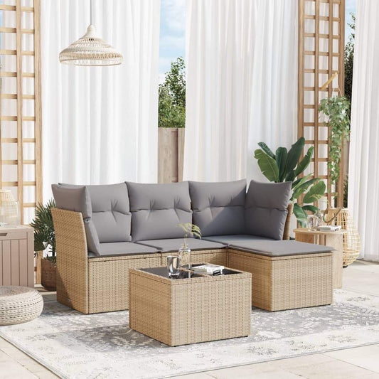 Set Divano da Giardino 5 pz con Cuscini Beige in Polyrattan - homemem39