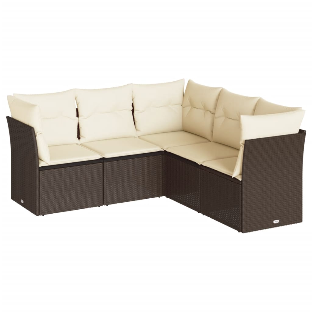 Set Divano da Giardino 5 pz con Cuscini Marrone in Polyrattan