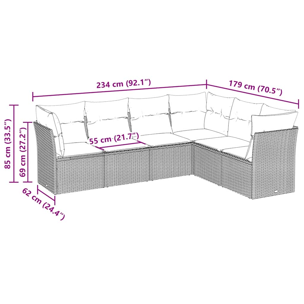 Set Divano da Giardino 6pz con Cuscini Grigio Chiaro Polyrattan