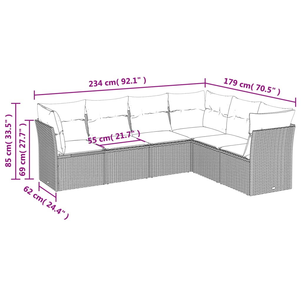 Set Divani da Giardino 6 pz con Cuscini Marrone in Polyrattan | homemem39