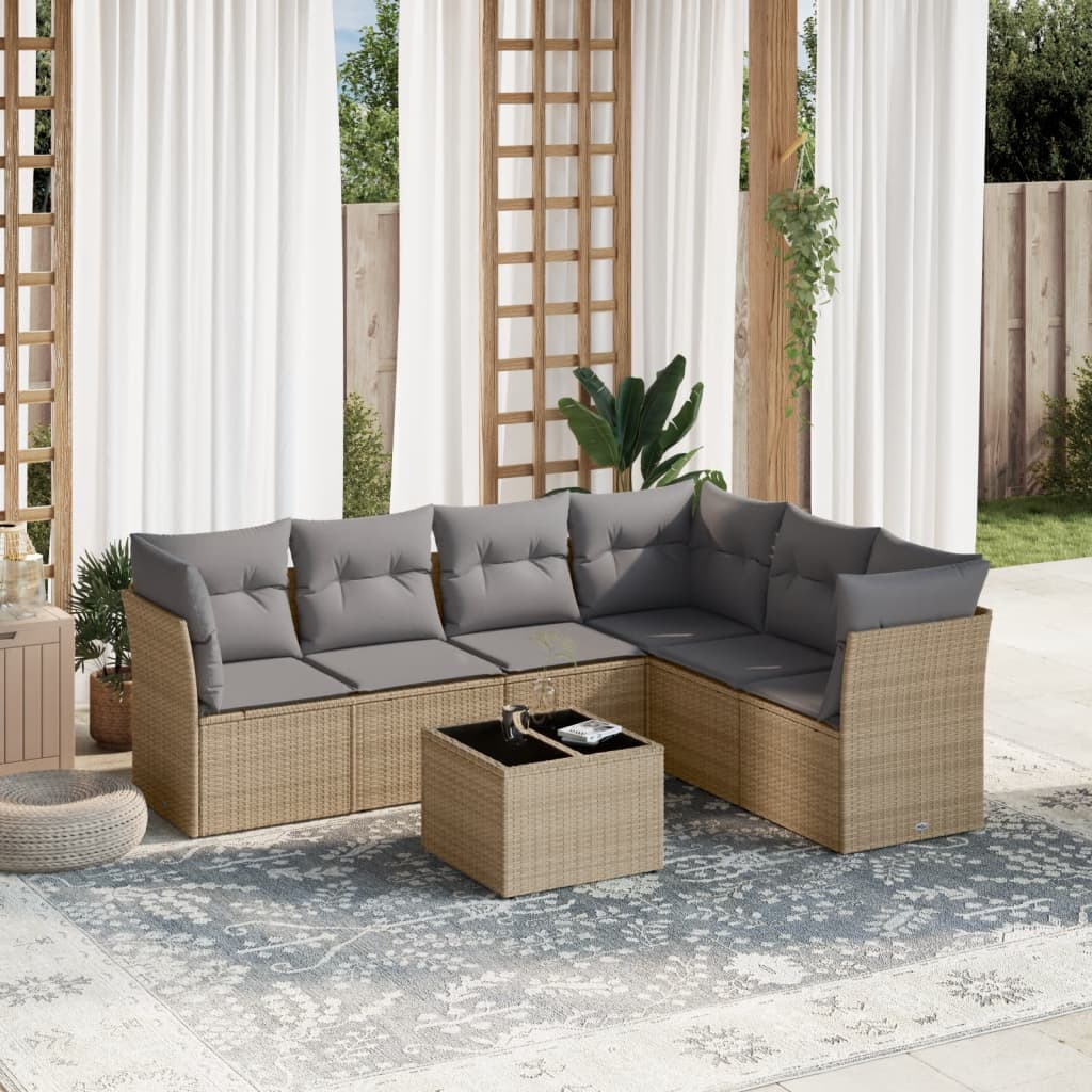 Set Divani da Giardino 7 pz con Cuscini Beige in Polyrattan - homemem39